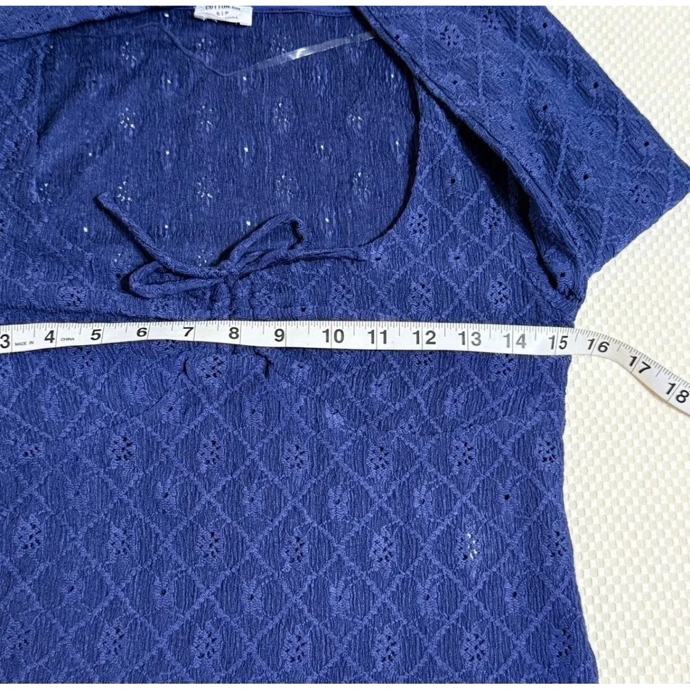Cotton On Pointelle Tie Front Top Womens Small Navy Blue‎ Long Sleeve Fairycore